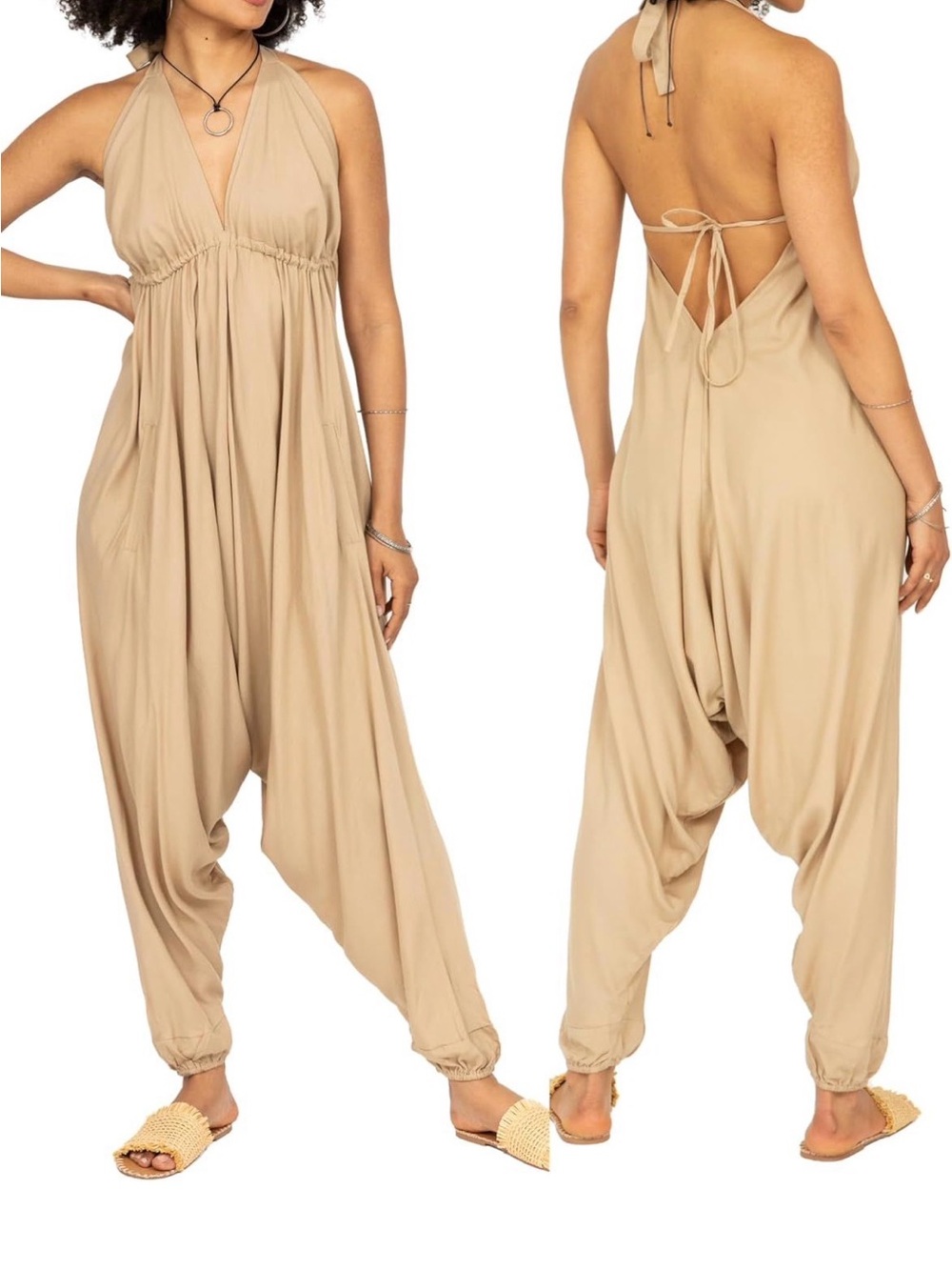 Backless Halter Beige Harem Jumpsuit